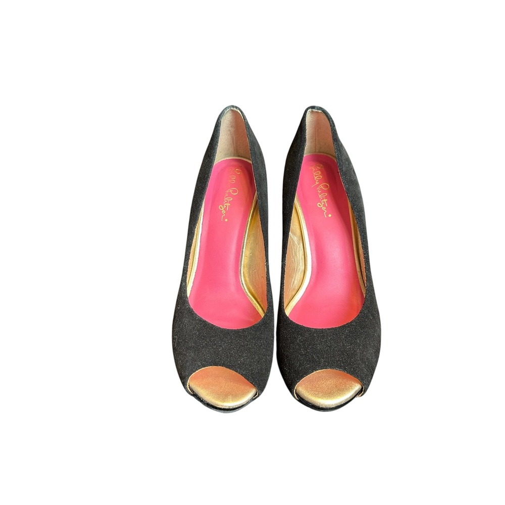 Lilly Pulitzer Womens Classic Timeless Black Suede Peep Toe Wedge Heels Size 7